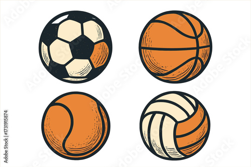 Vintage style collection of classic sports balls including soccer, basketball, tennis, and volleyball, retro athletic equipment for games