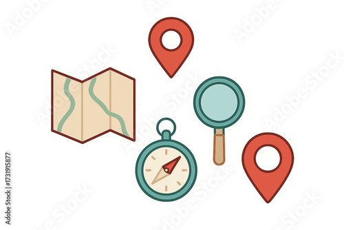 Navigation tools and travel planning elements including map, compass, magnifying glass, and location pins