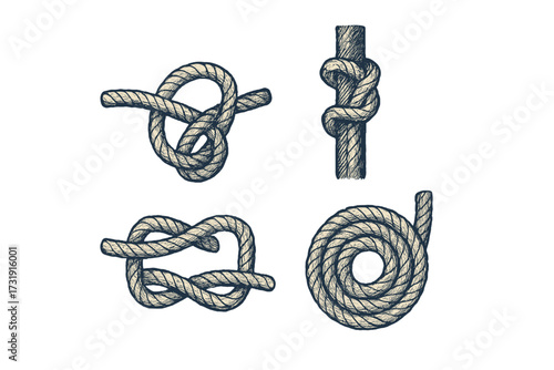 Detailed rope knots and coiled rope configurations for maritime and sailing design elements with textured lines