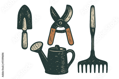 Essential gardening tools set with trowel, pruning shears, watering can, and rake for horticulture activities