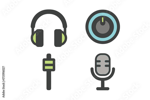 Essential audio sound control icons with headphones microphone power button and audio fader for digital media