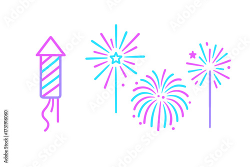 Vibrant firework rocket launching into the night sky with colorful explosion bursts, celebrating holidays and special events
