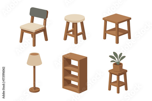 Isometric home furniture and decor items set including a modern chair, round stool, square table, floor lamp, bookshelf, and potted plant
