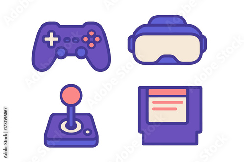 Collection of modern and retro gaming accessories including controller, VR headset, joystick, and game cartridge
