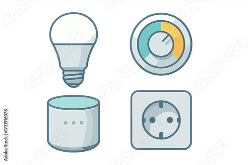 Modern smart home system icons depicting a light bulb, adjustable dimmer, voice assistant speaker, and power socket