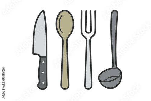 Essential kitchen utensils set for cooking and dining, featuring a knife, spoon, fork, and ladle for culinary tasks and meal preparation