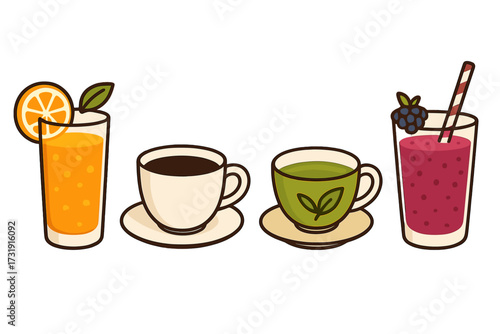 Assortment of popular refreshing beverages including orange juice, hot coffee, green tea, and berry smoothie