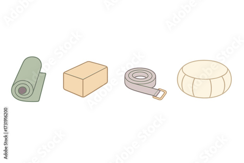 Essential yoga and meditation accessories set including a rolled mat, rectangular block, coiled strap, and round cushion for practice