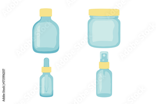 Collection of empty blue transparent bottles, jars, and spray dispensers with bright yellow caps for cosmetic and personal care product packaging