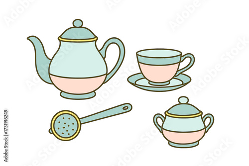 Charming pastel colored teapot, teacup, sugar bowl, and tea infuser set for a delightful hot beverage experience