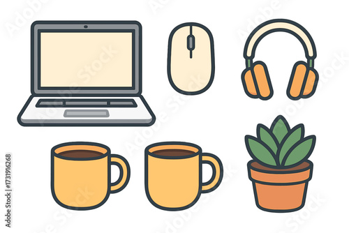 Essential modern home office workspace items including laptop computer mouse headphones coffee mugs and potted plant