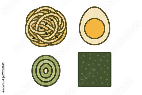 Essential ramen noodle ingredients featuring a perfectly halved egg, fresh green onion slices, and a square of nori seaweed