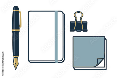Classic office stationery items including a fountain pen, a blank notebook, a binder clip, and sticky notes
