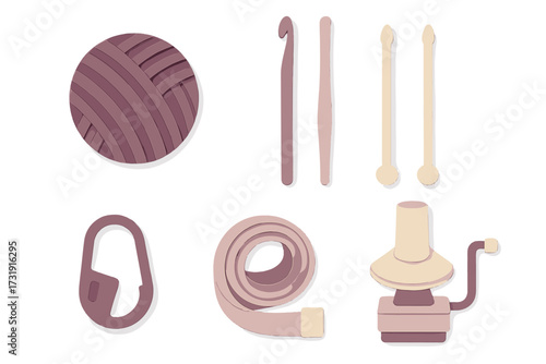 Various crafting tools and supplies for textile arts like knitting and crochet, featuring yarn, hooks, needles, and accessories