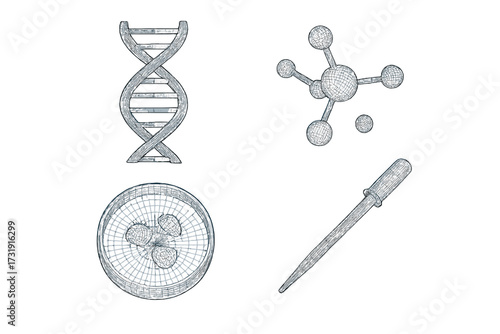 Genetic helix structure, molecular model, petri dish, and laboratory dropper tools for scientific research and biology experiments