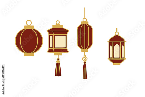 Elegant collection of traditional decorative lanterns with golden accents and tassels for festive celebrations and cultural events