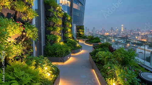 Lush vertical garden transforms an urban rooftop into green oasis. Blend of nature and modern architecture promotes sustainability, creating vibrant eco-friendly evening cityscape with backlight