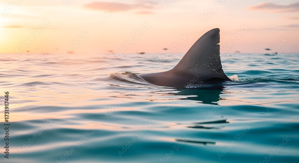 Fototapeta premium Fin Emerging in the Ocean at Sunset A Stunning Marine Encounter in Calm Seas