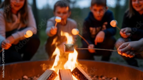 Children together roasting marshmallow on stick over campfire with fire in outdoor setting. Picnic with sweet food confectionery on vacation
