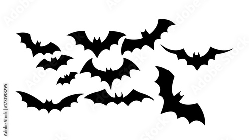 Set of silhouette black bat on white background symbol for halloween day.