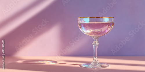 Cocktail glass with burnished lilac drink casting shadows on a pastel background with copy space