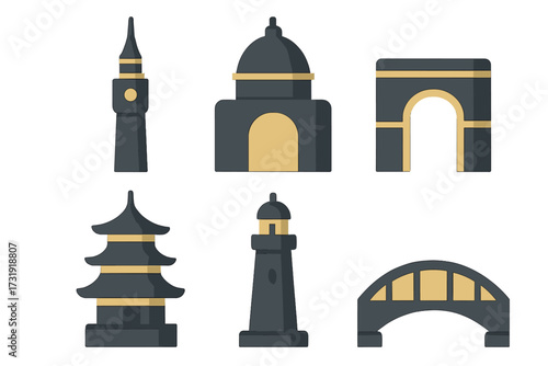 World travel landmarks and architectural structures in modern flat design with minimal details and muted colors