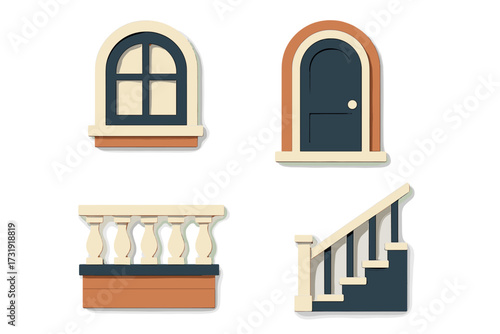Set of stylized architectural building elements including a window, door, balcony, and stairs on a white background
