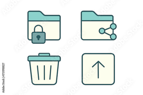 User interface symbols for digital file management, data security, sharing, and upload functions in web and app design
