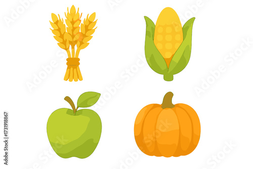 Colorful autumn harvest produce collection featuring wheat, corn, green apple, and pumpkin on a clean white background
