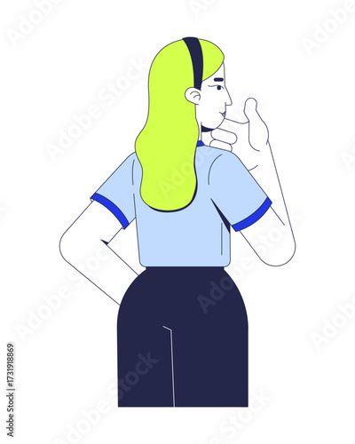 Blonde woman holding chin in thinking pose from behind 2D cartoon character. Headband hair female in business casual decision-making flat vector person isolated on white. Spot illustration colorful