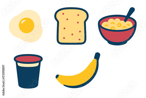 Collection of essential breakfast food items including fried egg, toasted bread, cereal bowl, beverage cup, and ripe banana