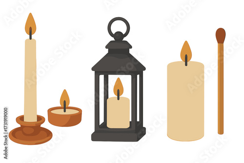 Elegant collection of burning candles in different styles, a traditional lantern, and a wooden matchstick