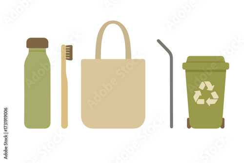 Sustainable lifestyle essentials including reusable bottle, bamboo toothbrush, tote bag, metal straw, and recycling bin