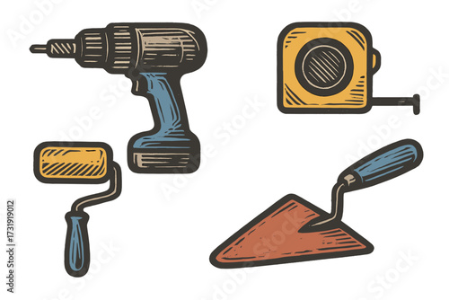 Assortment of essential construction and home improvement tools including drill, tape measure, paint roller, and trowel