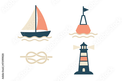 Detailed collection of nautical elements featuring a sailboat, ocean buoy, rope knot, and lighthouse beacon