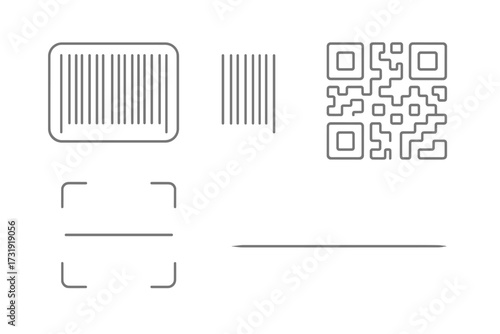 Modern linear barcode and square QR code icons with a digital scanner frame for digital and retail applications