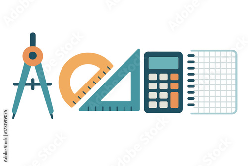 Geometry and math school supplies with compass, protractor, set square, calculator, and grid paper