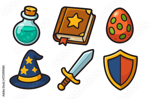 Fantasy game items set including magic potion, spellbook, wizard hat, sword, shield, and dragon egg
