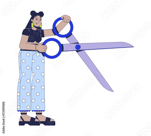 Latina woman holding oversized scissors 2D cartoon character. Budget cut, creativity, symbolic decision-making. Female with giant tool flat vector person isolated on white. Spot illustration colorful