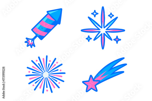 Vibrant graphic elements for parties, holidays, and special occasion designs featuring fireworks, starbursts, and a shooting star