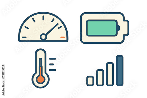 Comprehensive set of essential user interface icons depicting speed, power, temperature, and network signal strength for various applications