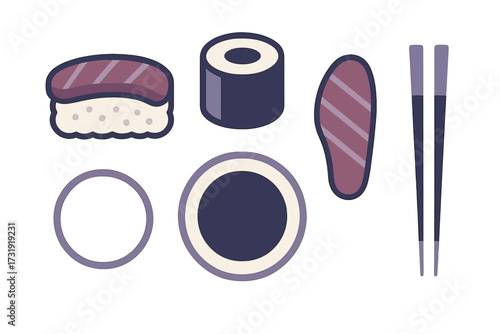 Traditional Japanese cuisine sushi set featuring nigiri maki and sashimi pieces accompanied by chopsticks and a bowl