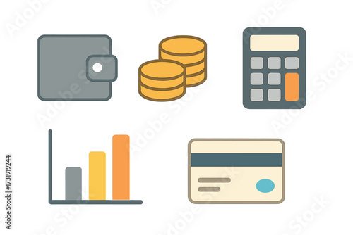 Collection of financial tools including wallet, stacked coins, calculator, bar graph, and credit card