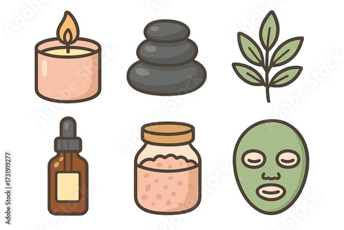 Wellness and relaxation elements with a burning candle, spa stones, green leaves, dropper bottle, and face mask