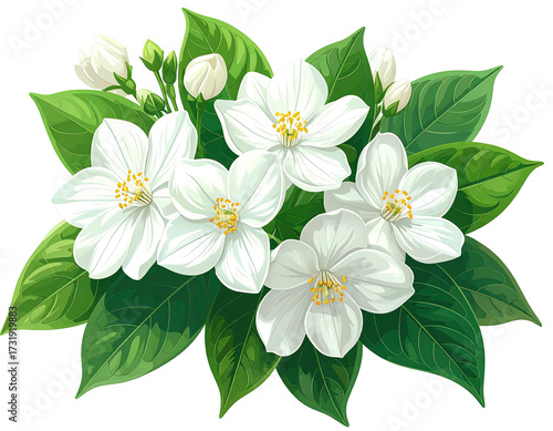 Detailed illustration of a jasmine flower cluster with lush green leaves