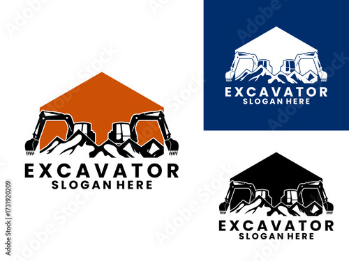 excavator with mountains and hexagon logo design vector template.