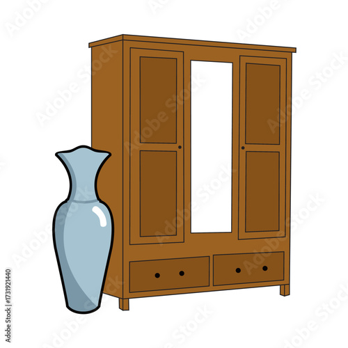 Brown antique wooden furniture wardrobe with closed door and handle isolated on white background