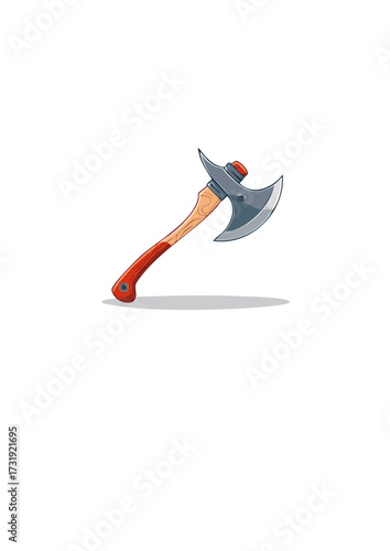 A sharp, sturdy axe with a polished metal head and a wooden handle, casting a subtle shadow on a clean white background, ready for use