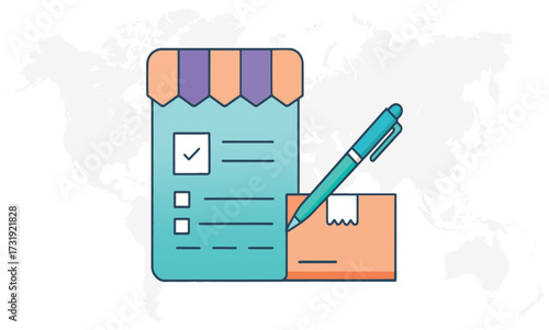 Vector art of checklist and package with pen, concept of order fulfillment