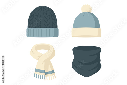 Variety of warm winter headwear and neckwear accessories including knitted hats, scarves, and neck gaiter